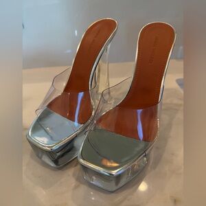 Amina Muaddi Lucite Silver Platform Heels